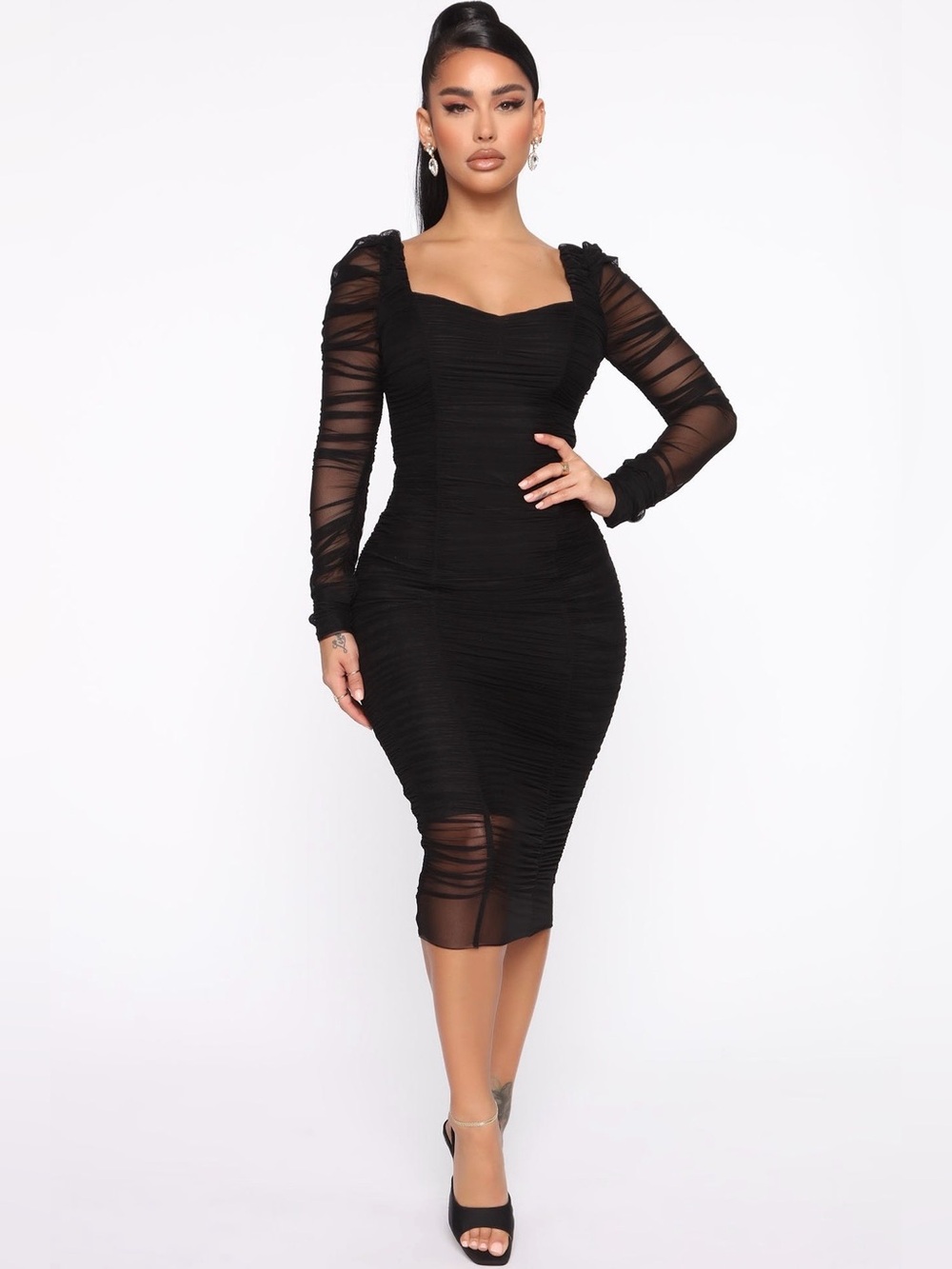 Fashion Nova Black Ruched Midi Dress with Sheer Ruffle Sleeves